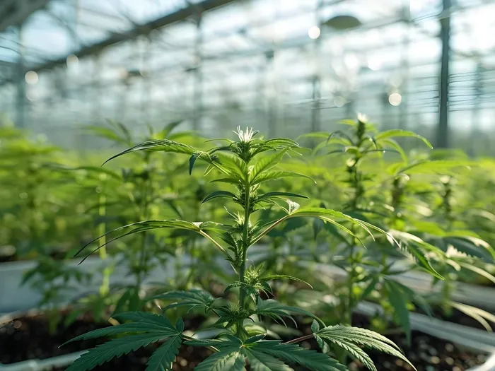 Medicinal cannabis plants growing in rows in a greenhouse
